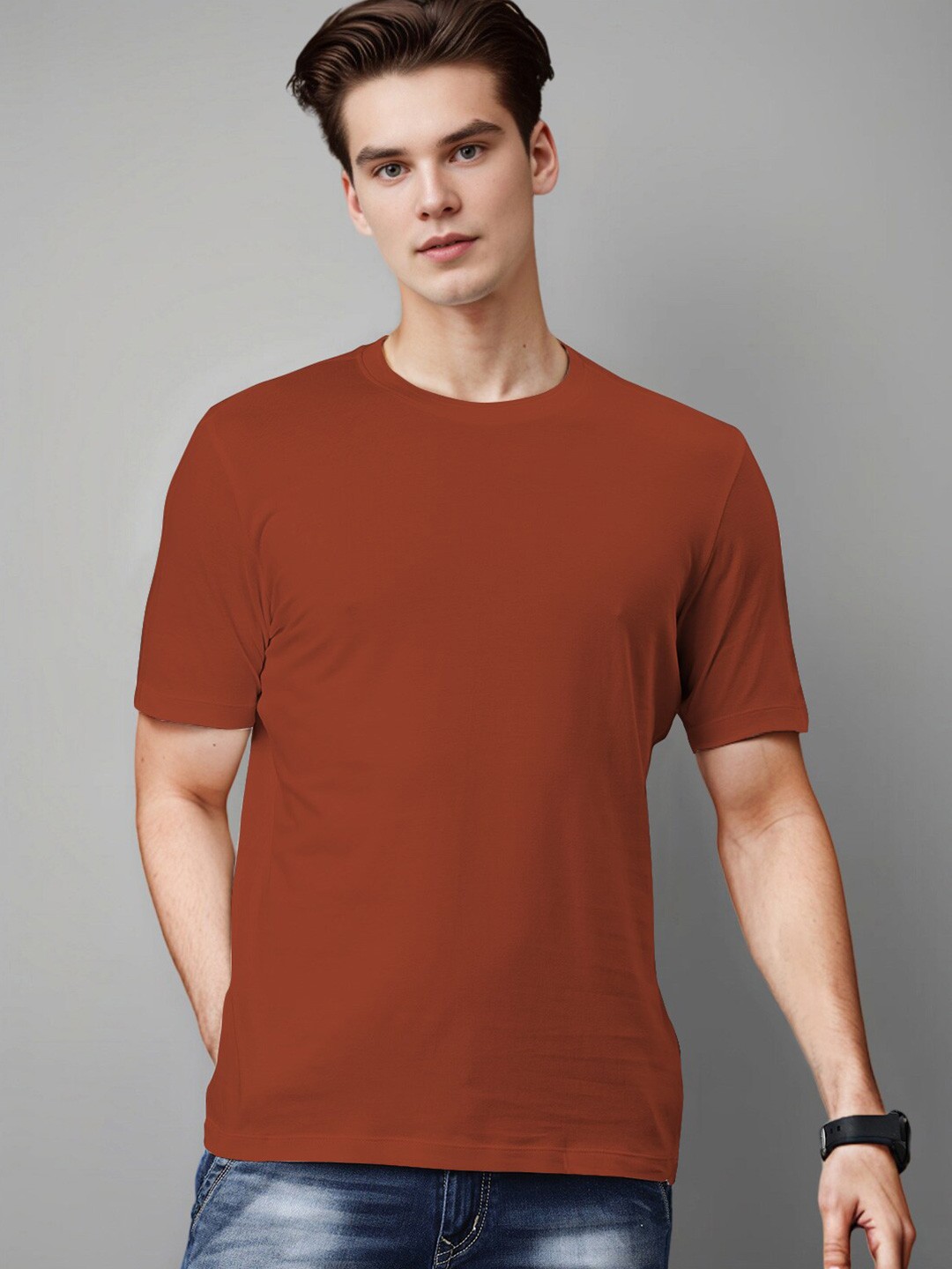 

Huetrap Round Neck Short Sleeves Cotton T-shirt, Orange