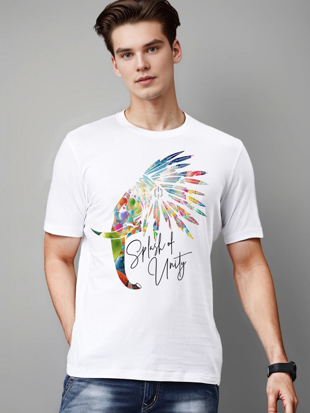 

Huetrap Graphic Printed Round Neck Pure Cotton T shirt, White