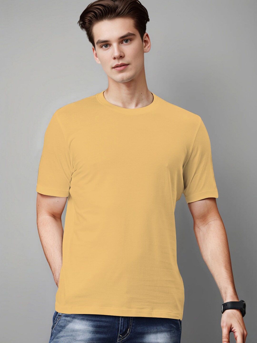 

Huetrap Round Neck Short Sleeves Cotton Casual T-shirt, Mustard