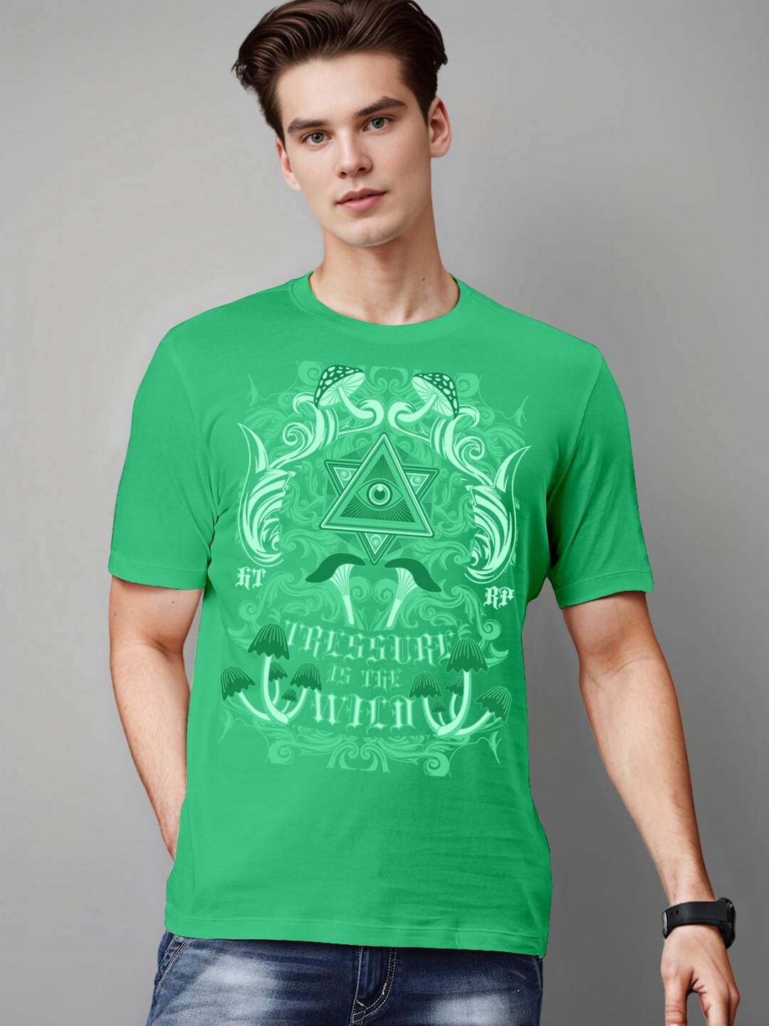 Huetrap Round Neck Typography Printed Cotton T-shirt, Green
