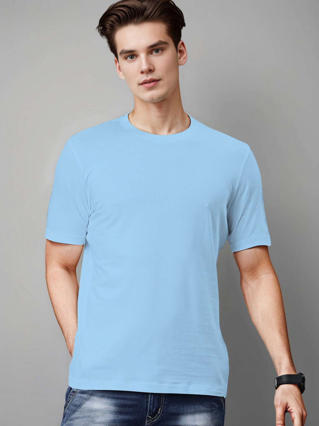 

Huetrap Round Neck Cotton T-shirt, Turquoise blue