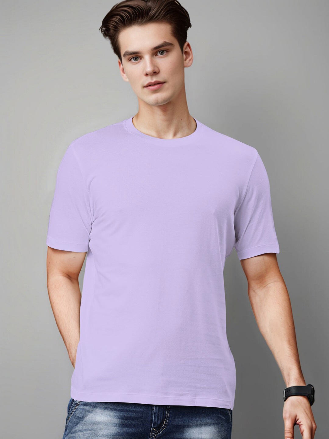 

Huetrap Round Neck Short Sleeves Cotton Casual T-shirt, Violet