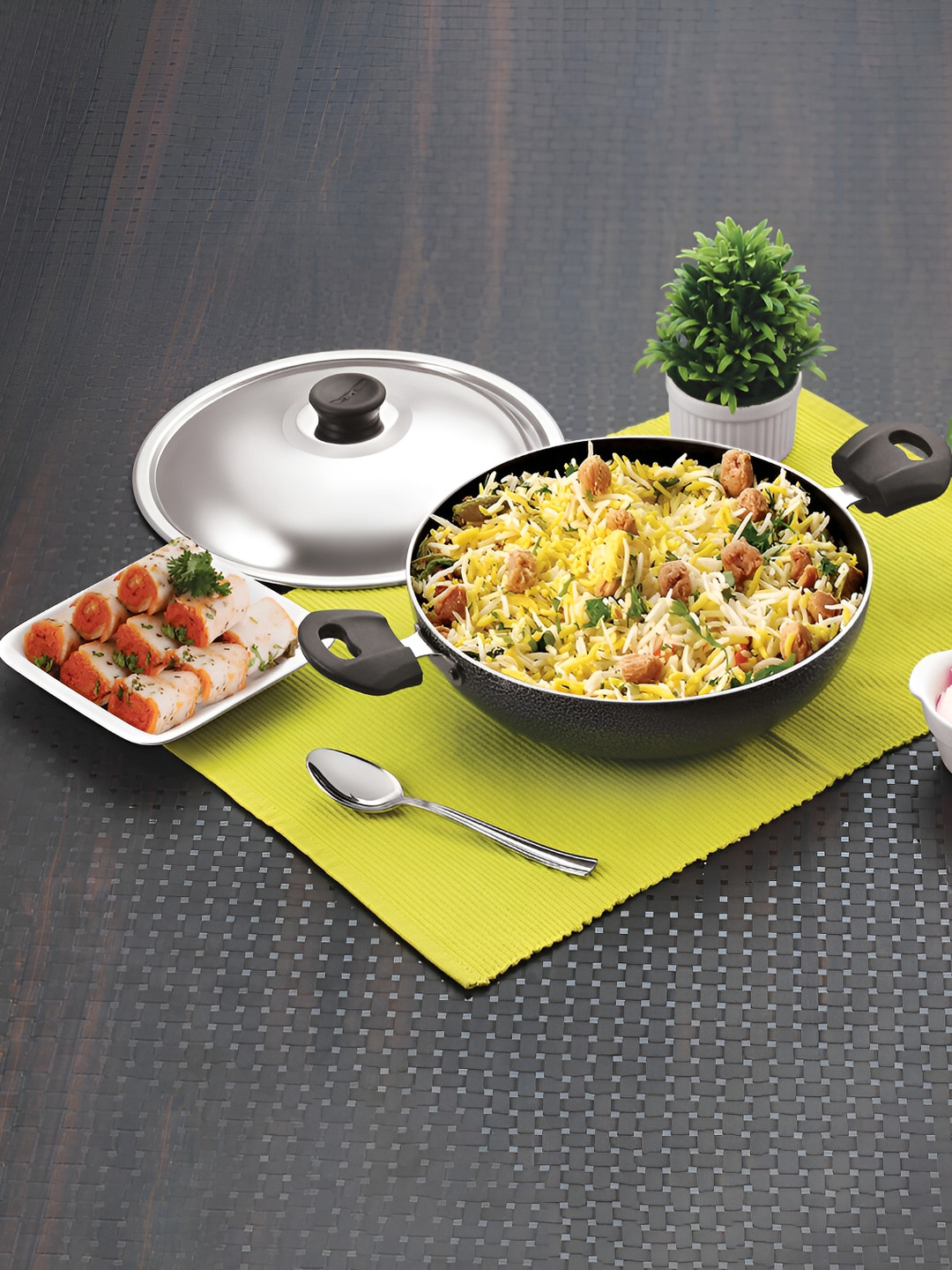 

ANJALI Diamond Classic Black & Silver-Toned Aluminium Kadhai or Wok