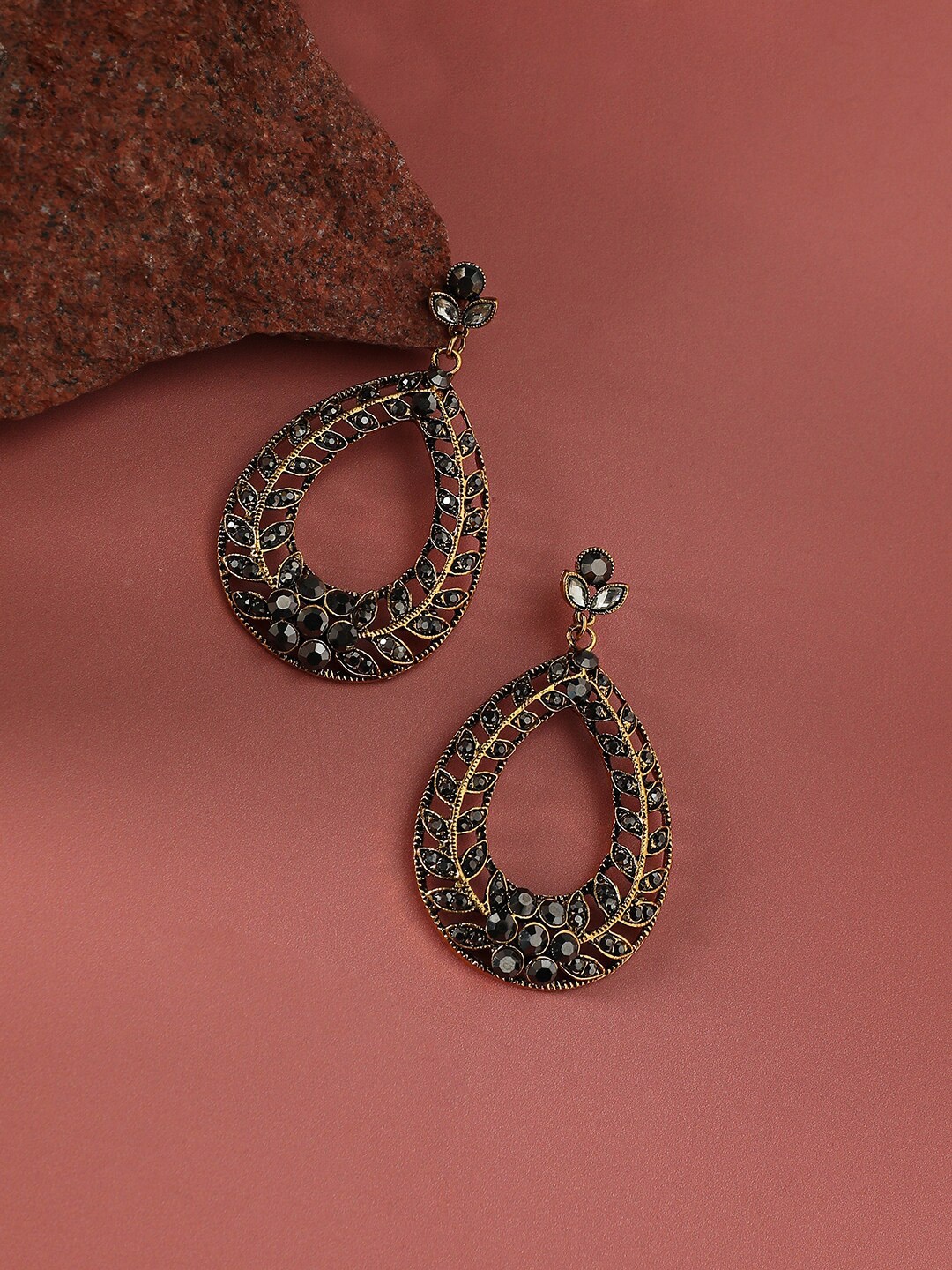 

SOHI Gold-Plated Stone Studded Contemporary Drop Earrings