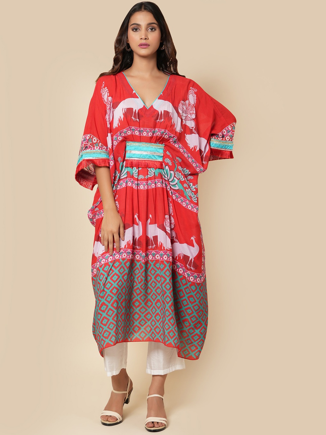 

YELLOW PARROT Ethnic Motifs Printed Kimono Sleeves Cotton Kaftan Kurta, Red