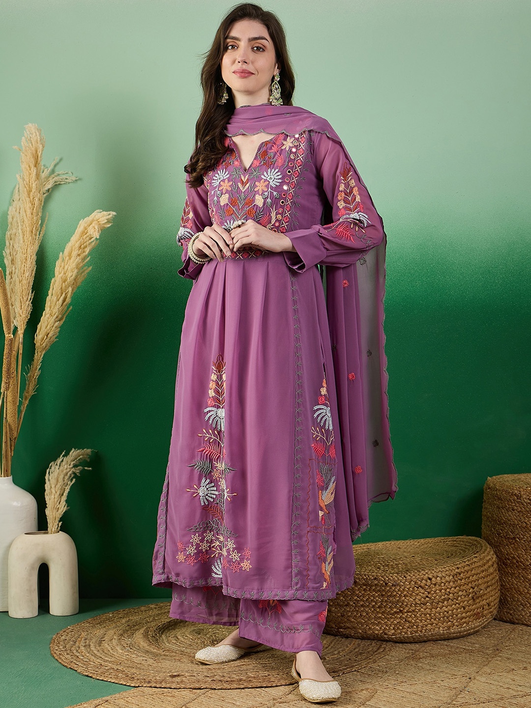 SERONA FABRICS Floral Embroidered V-Neck Long Sleeves Kurta with Palazzos & With Dupatta, Purple