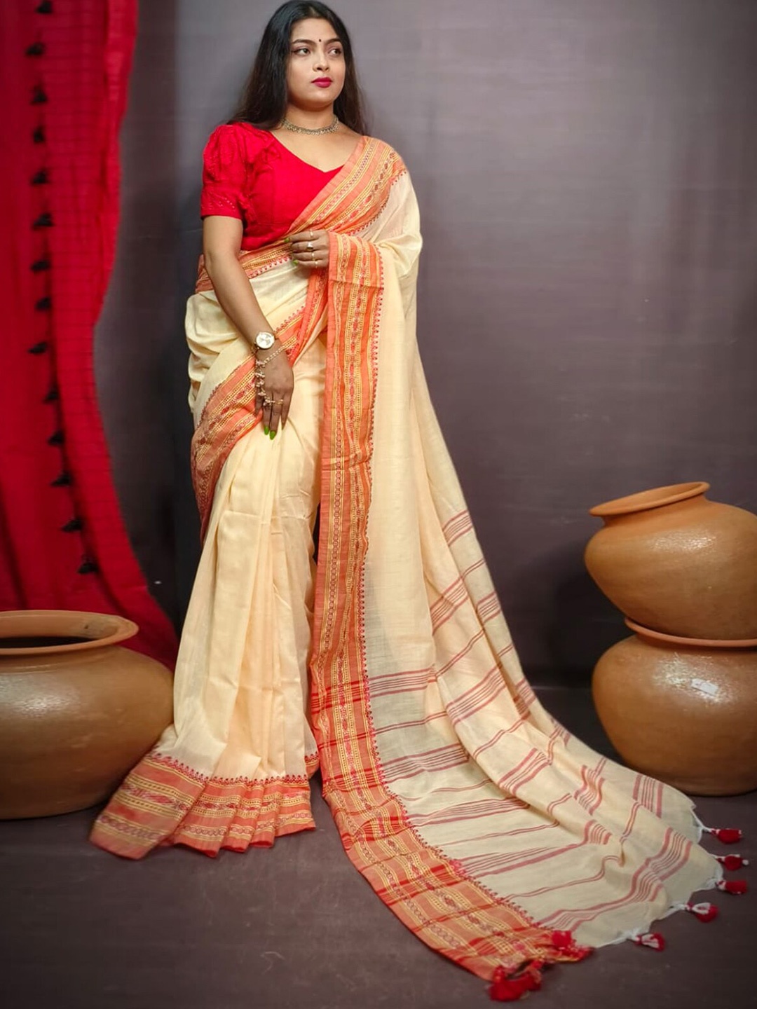 

ODETTE Woven Design Saree, Beige