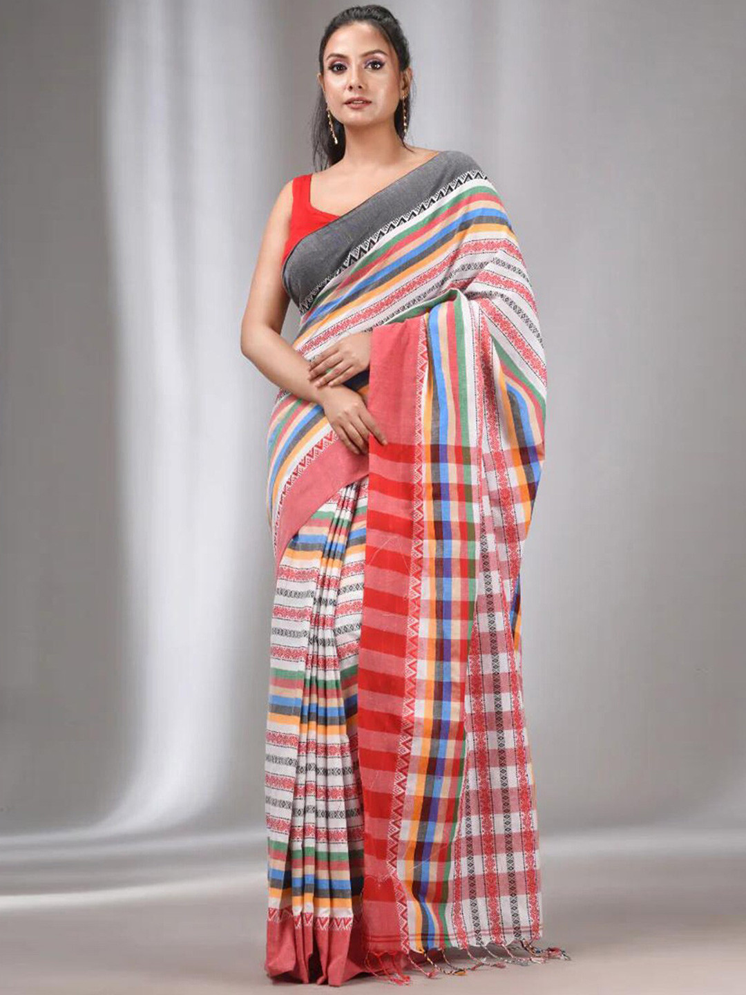 

ODETTE Striped Woven Design Saree, White