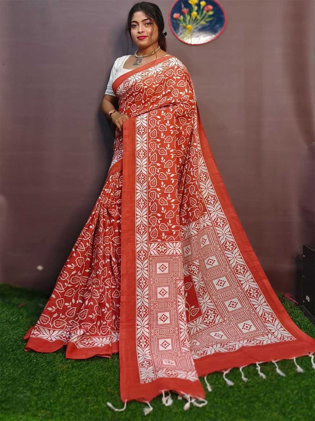 

ODETTE Floral Printed Saree, Rust