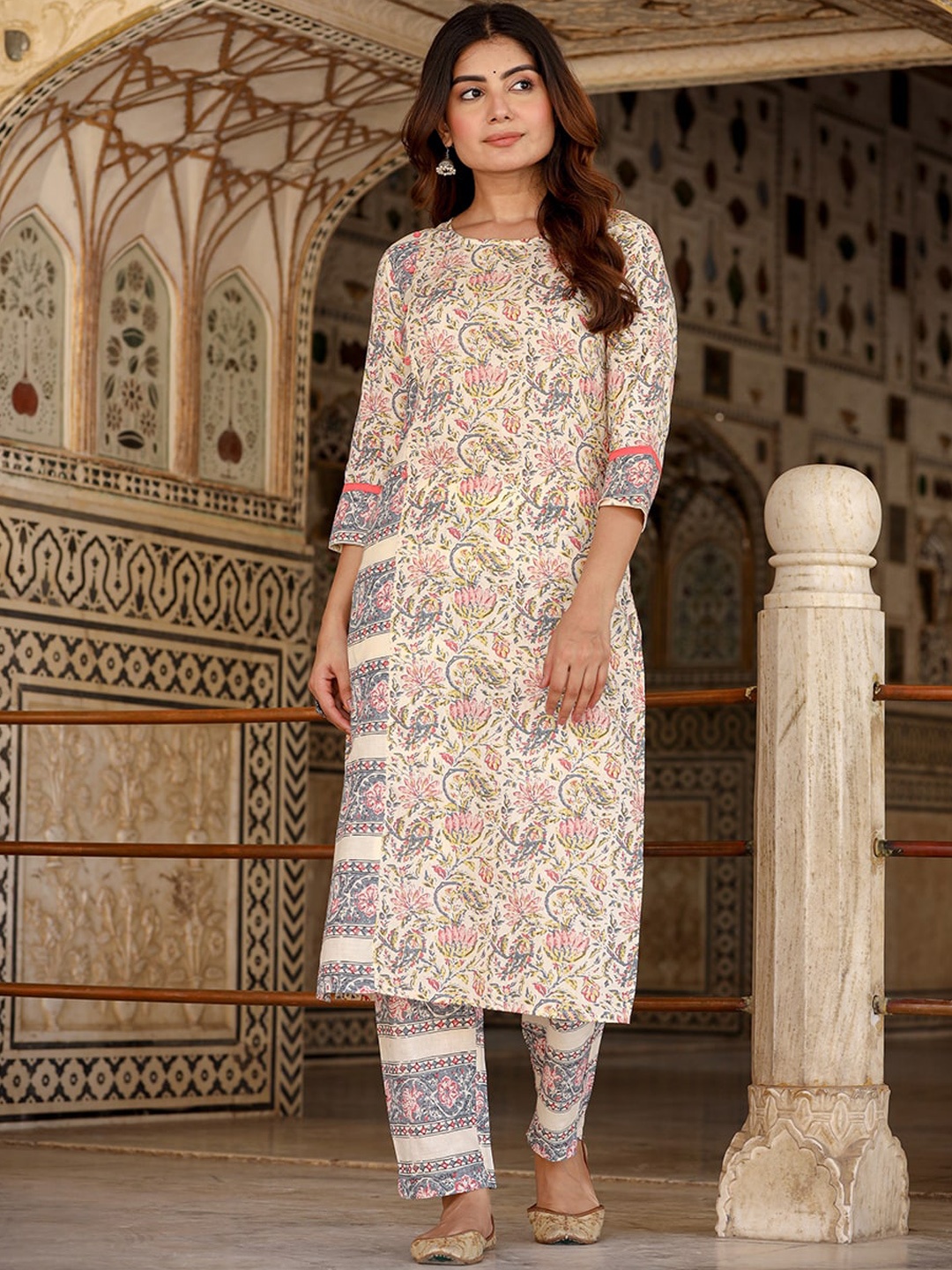 

KALINI Ethnic Motifs Printed Round Neck Pure Cotton Straight Kurta with Trouser, Beige