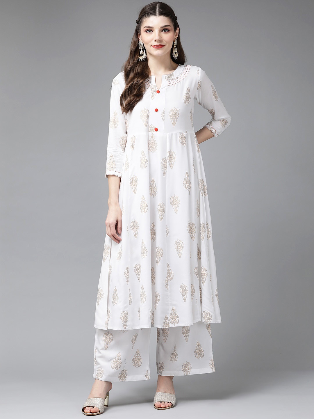 

KALINI Ethnic Motifs Embroidered Notched Neck Anarkali Kurta With Palazzo, White