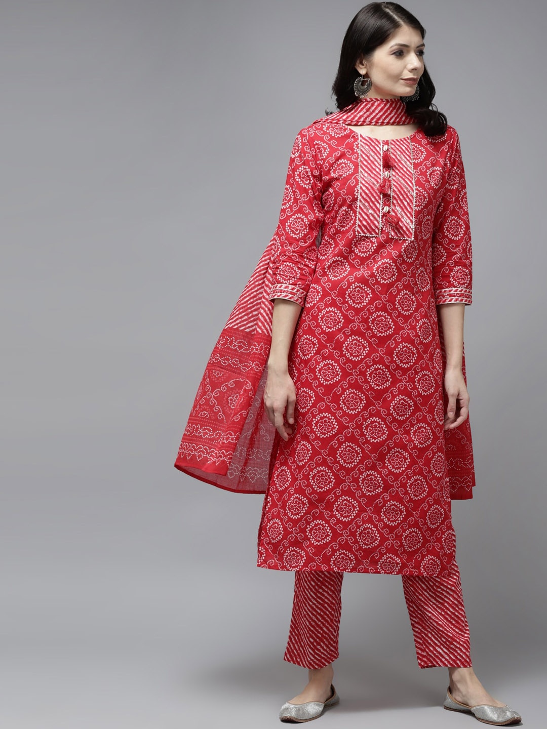 

KALINI Bandhani Printed Round Neck Pure Cotton Straight Kurta with Trouser & Dupatta, Red