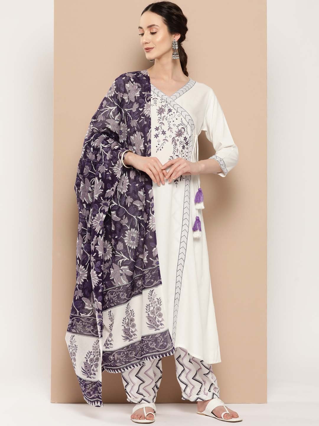 

KALINI Floral Embroidered V-Neck Angrakha Kurta With Salwar & Dupatta, Purple