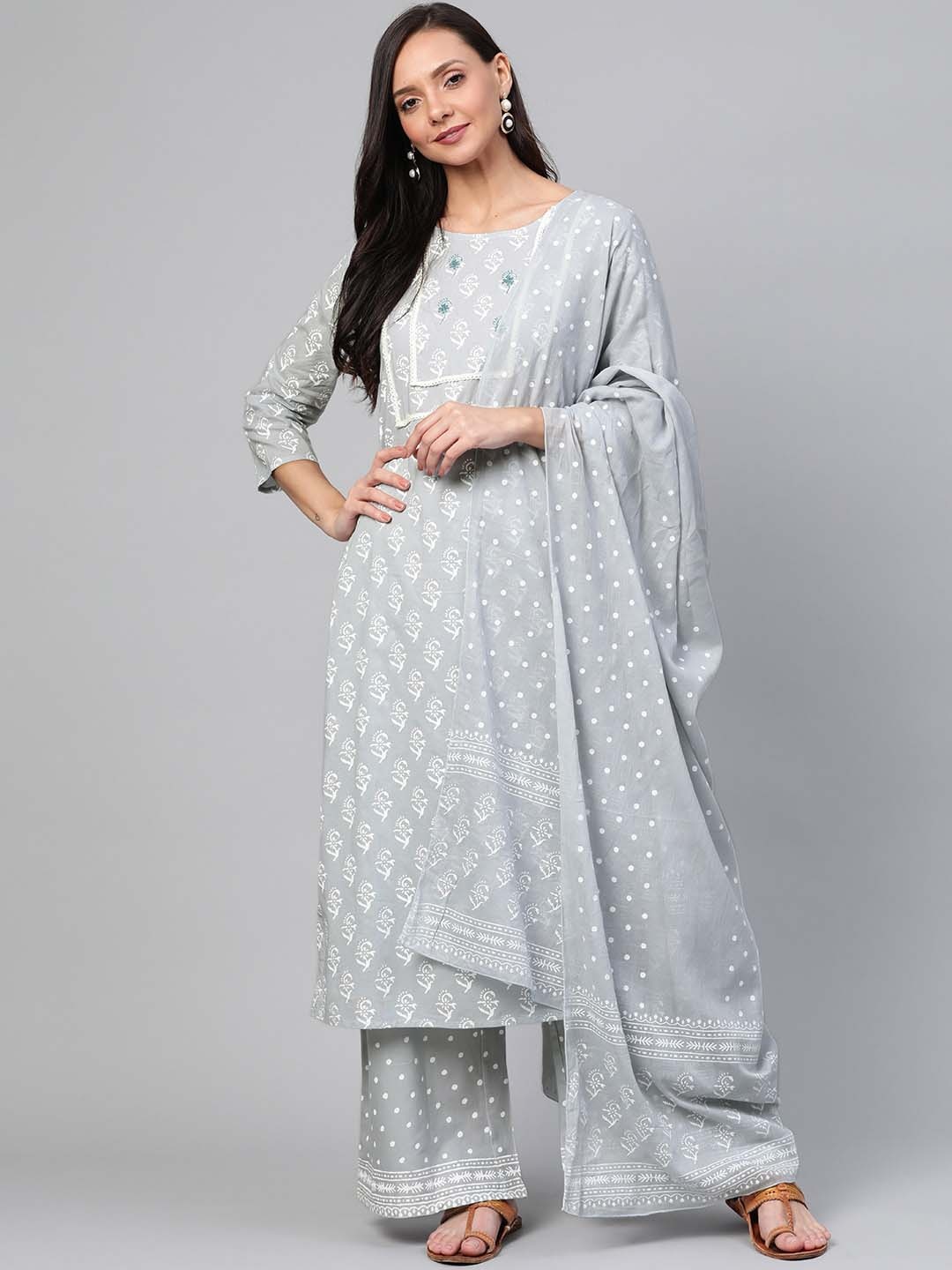 

KALINI Ethnic Motifs Printed Pure Cotton Straight Kurta & Palazzos With Dupatta, Grey