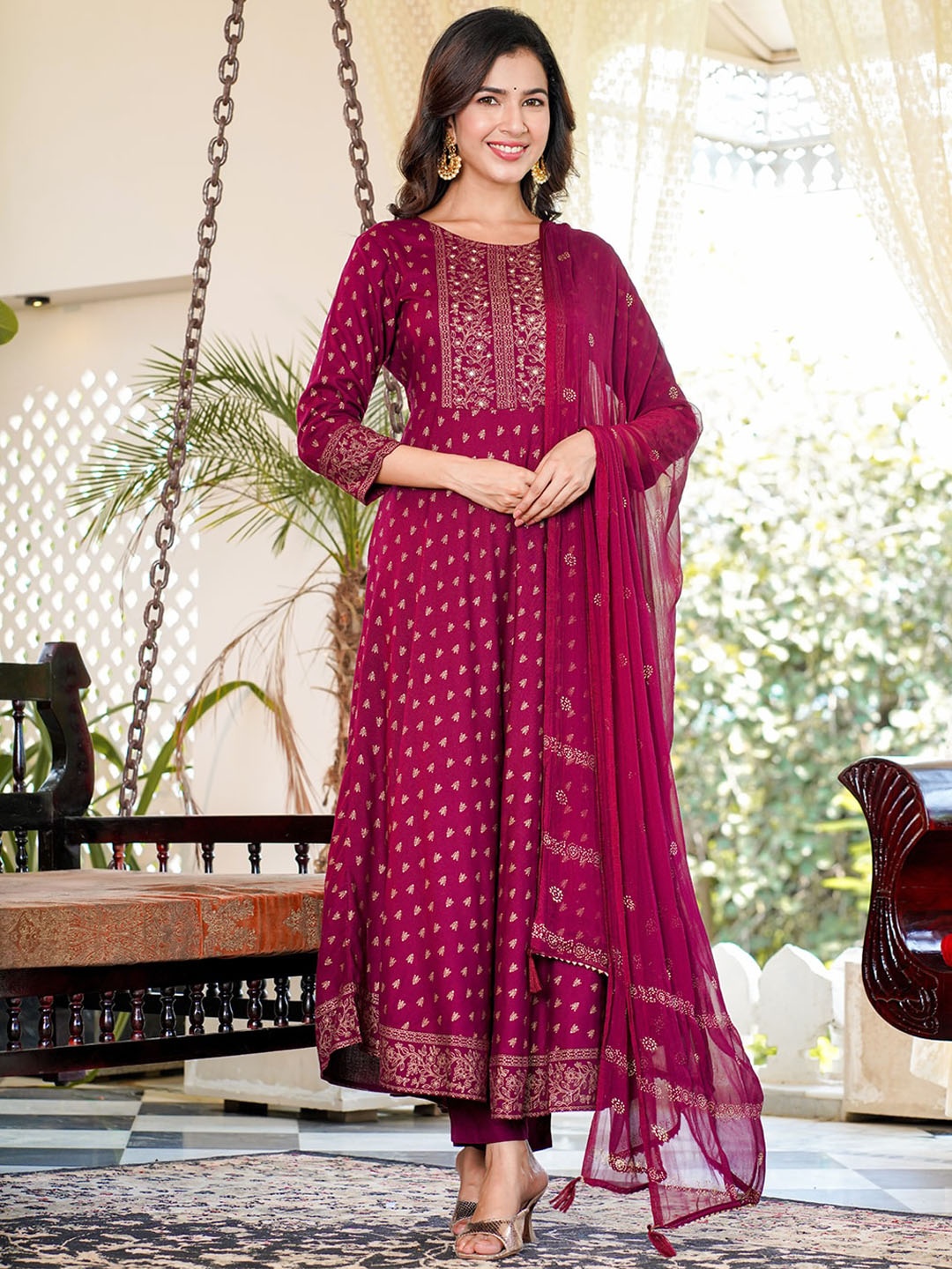 

KALINI Ethnic Motifs Printed PLeated Anarkali Kurta With Trousers & Dupatta, Burgundy