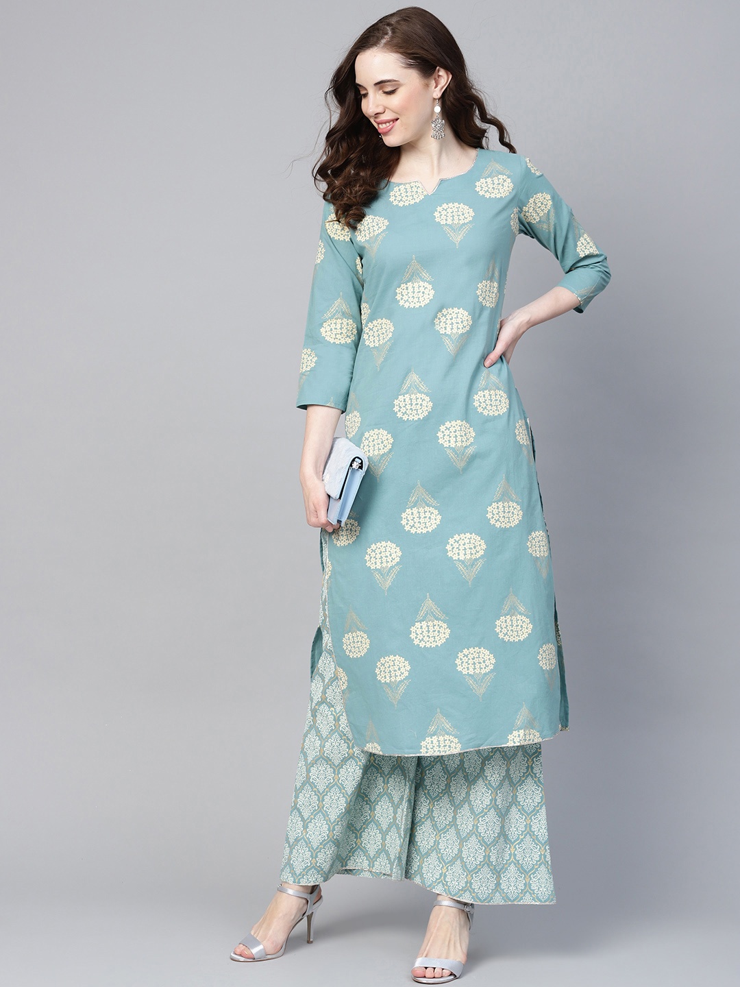 

KALINI Ethnic Motifs Printed Regular Pure Cotton Straight Kurta With Palazzos, Blue