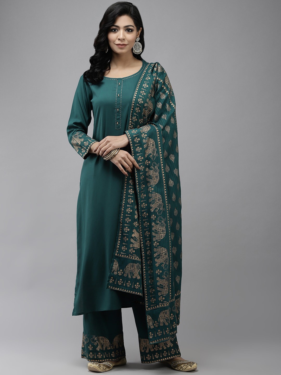 

KALINI Round Neck Three-Quarter Sleeves Pure Cotton Straight Kurta with Palazzos & Dupatta, Green