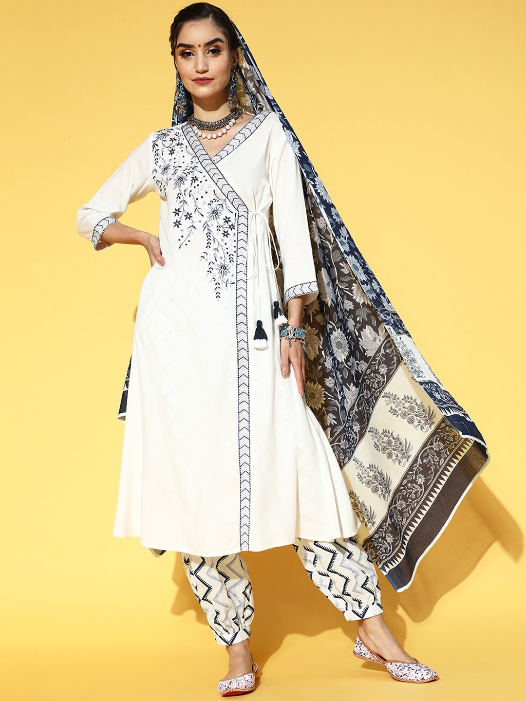 

KALINI Floral Embroidered Angrakha Anarkali Kurta With Salwar & Dupatta, White