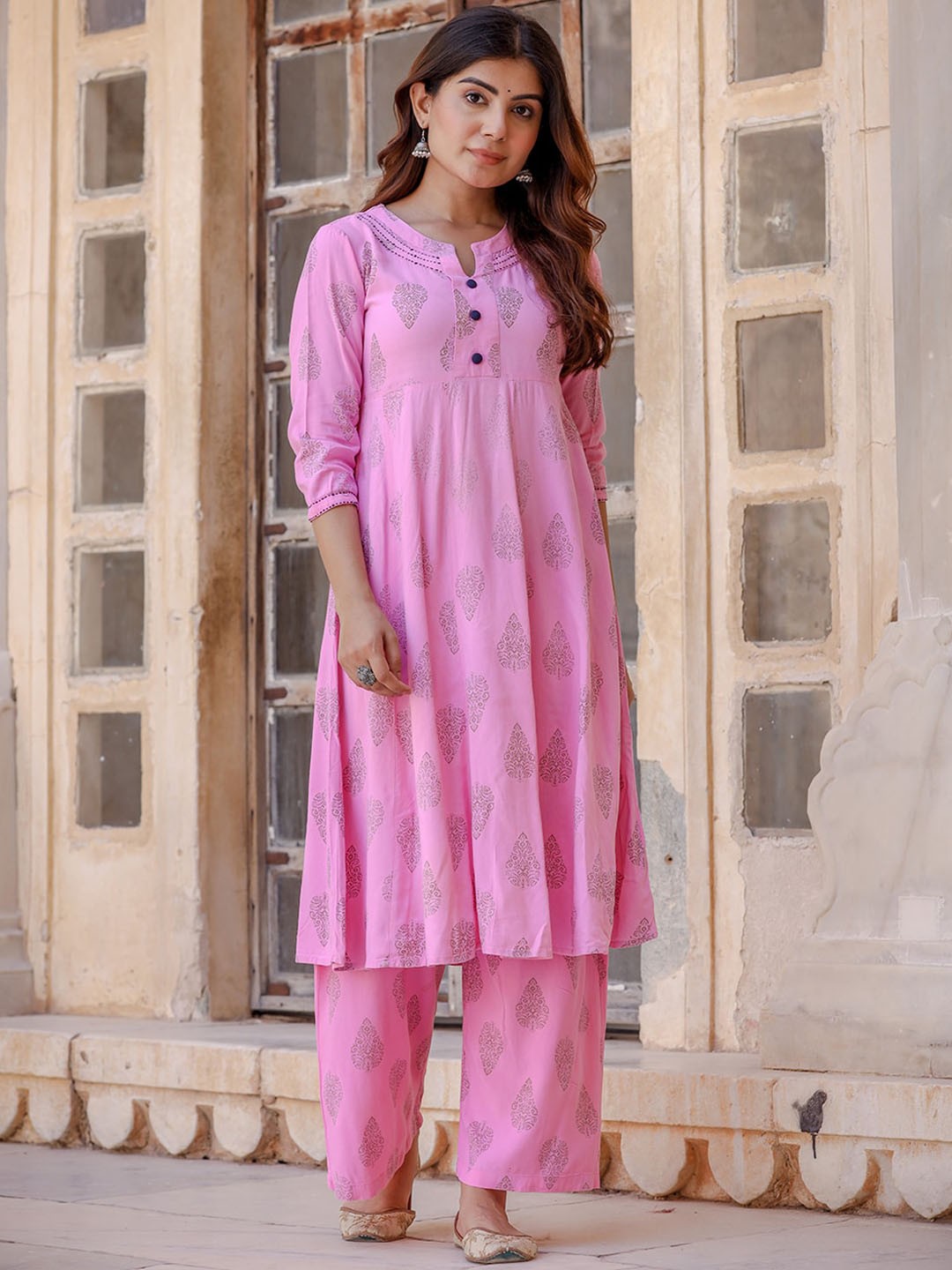 

KALINI Ethnic Motifs Printed Notched Neck A-Line Kurta with Palazzo, Pink