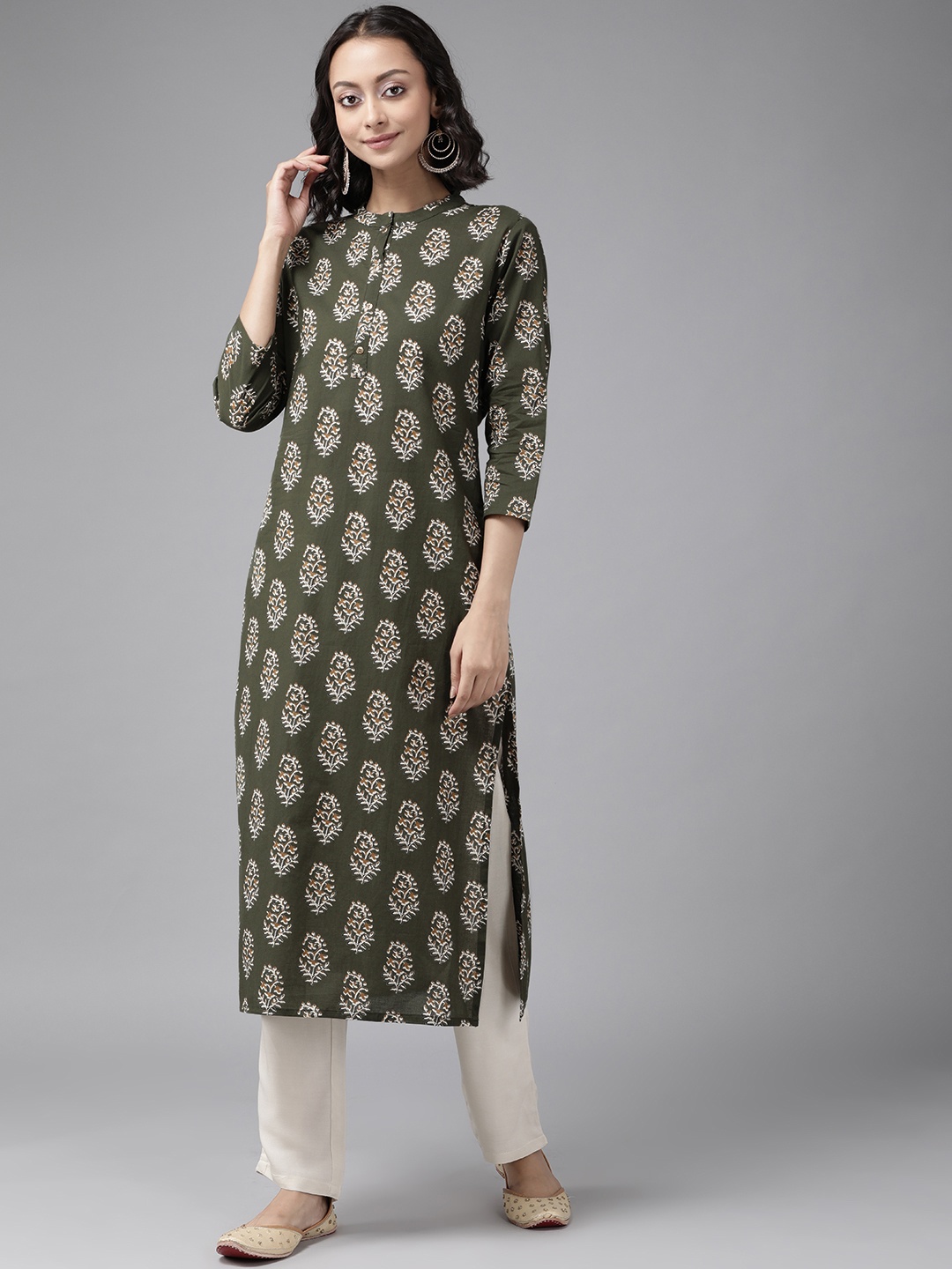 KALINI Ethnic Motifs Printed Regular Pure Cotton Straight Kurta With Palazzos, Green