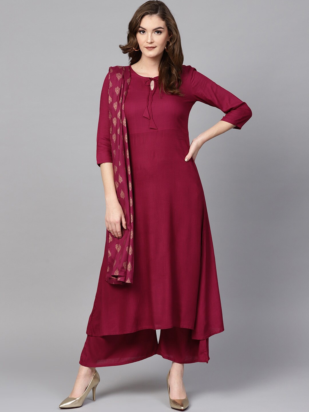 

KALINI Tie-Up Neck Kurta with Palazzos & Dupatta, Burgundy