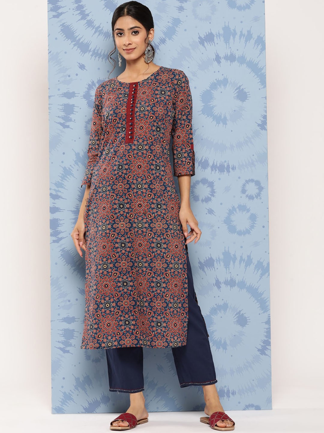 

KALINI Paisley Printed Straight Pure Cotton Kurta with Palazzos, Blue