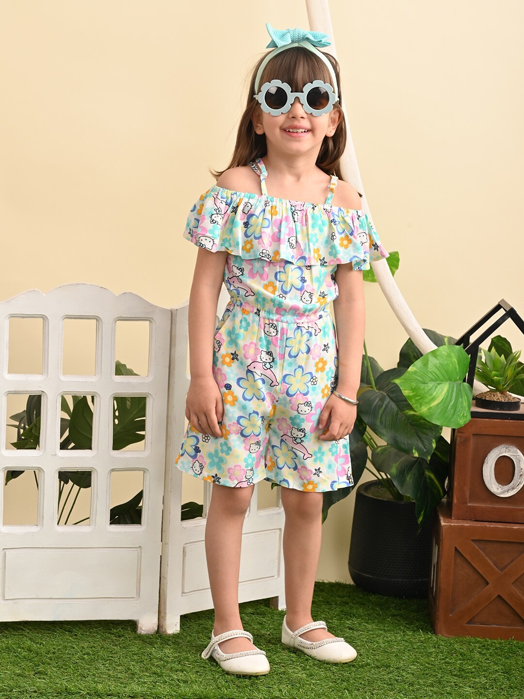 

Superminis Girls Printed Off-Shoulder Playsuit, Green