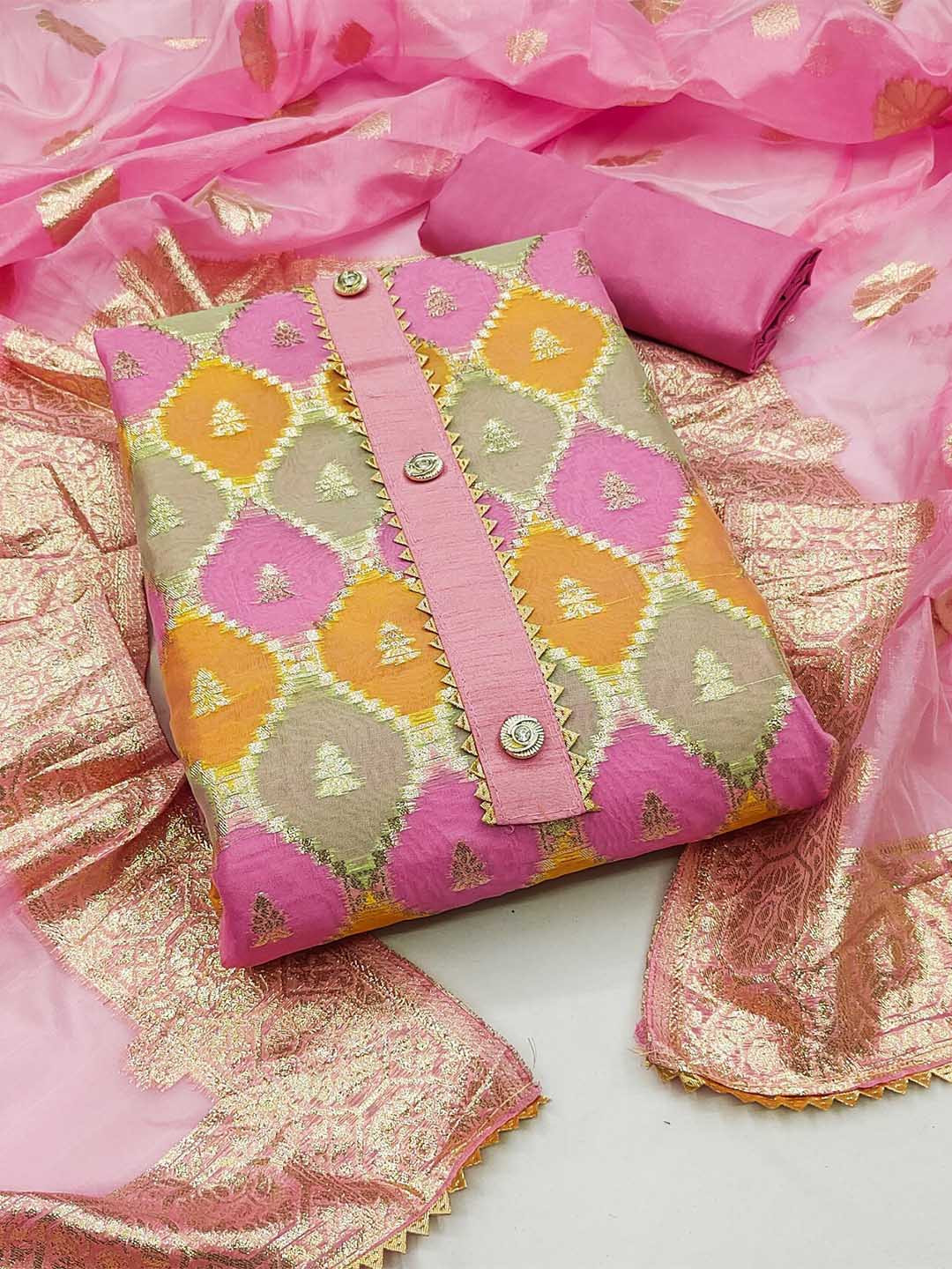 

LeeliPeeri Designer Geometric Woven Design Gotta Patti Organza Unstitched Dress Material, Pink