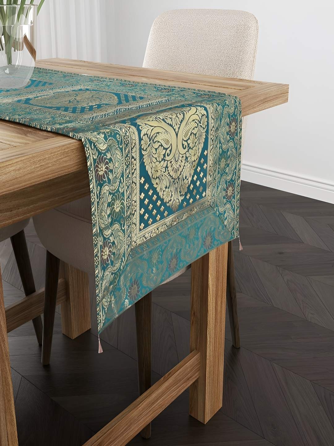 

E-Ezra Green & Beige Floral Printed Pure Silk Table Runner