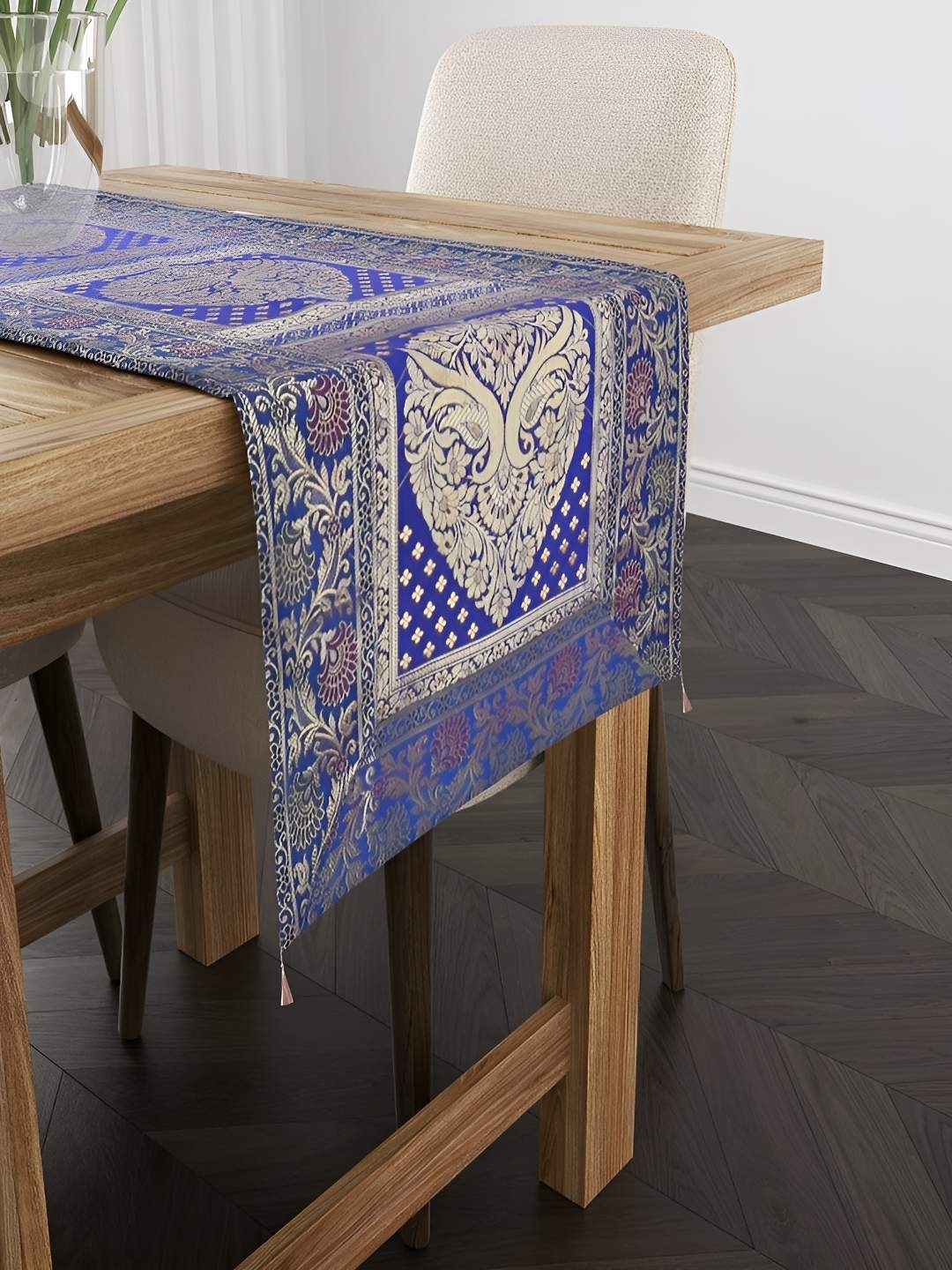 

E-Ezra Blue Floral Printed Pure Silk Table Runner