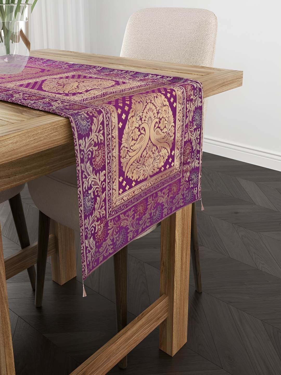 

E-Ezra Magenta & Beige Floral Printed Pure Silk Table Runner