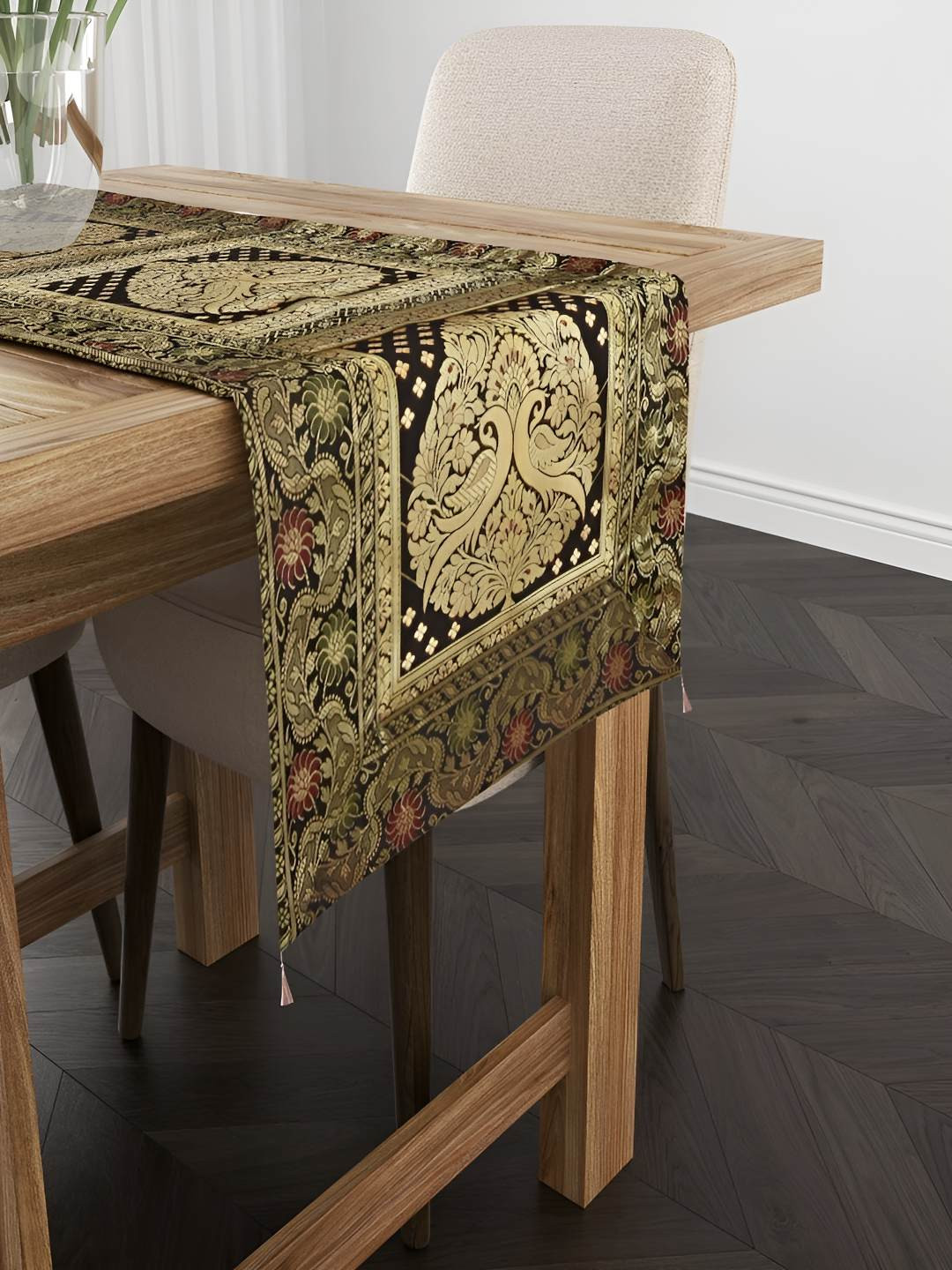 

E-Ezra Black Floral Printed Pure Silk Table Runner