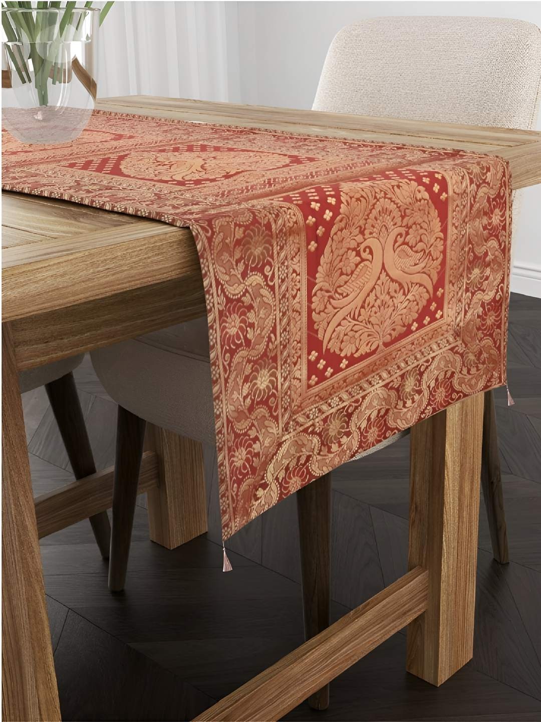 

E-Ezra Red & Beige Floral Printed Pure Silk Table Runner