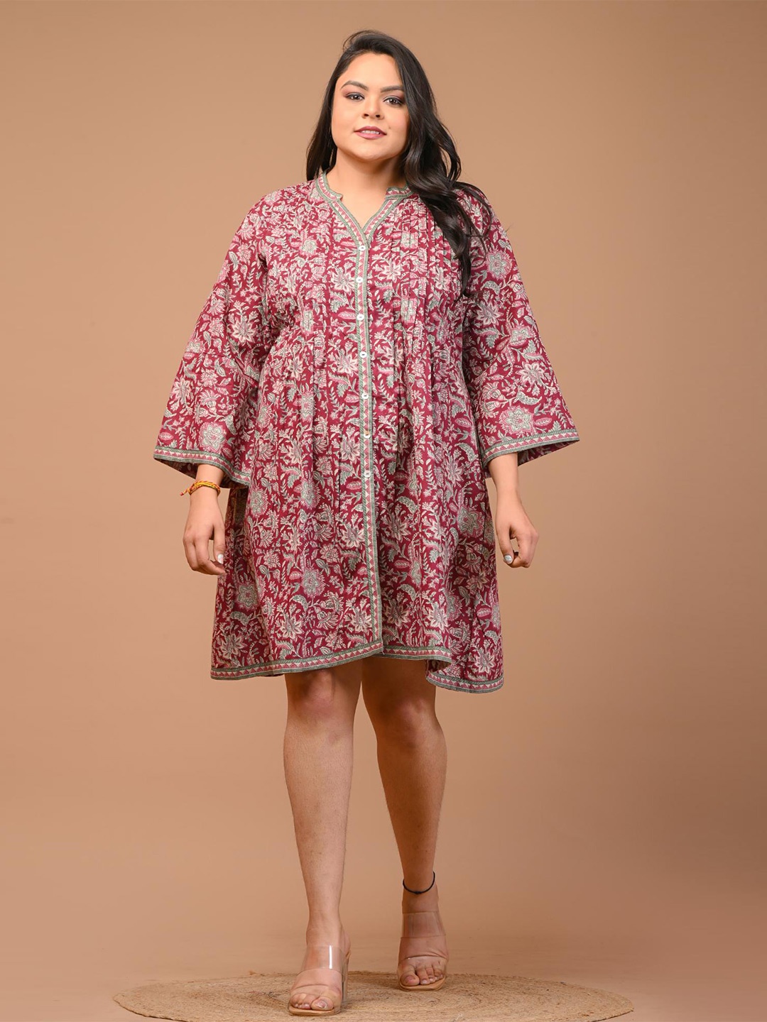 

Swasti Floral Printed A-Line Cotton Dress, Maroon