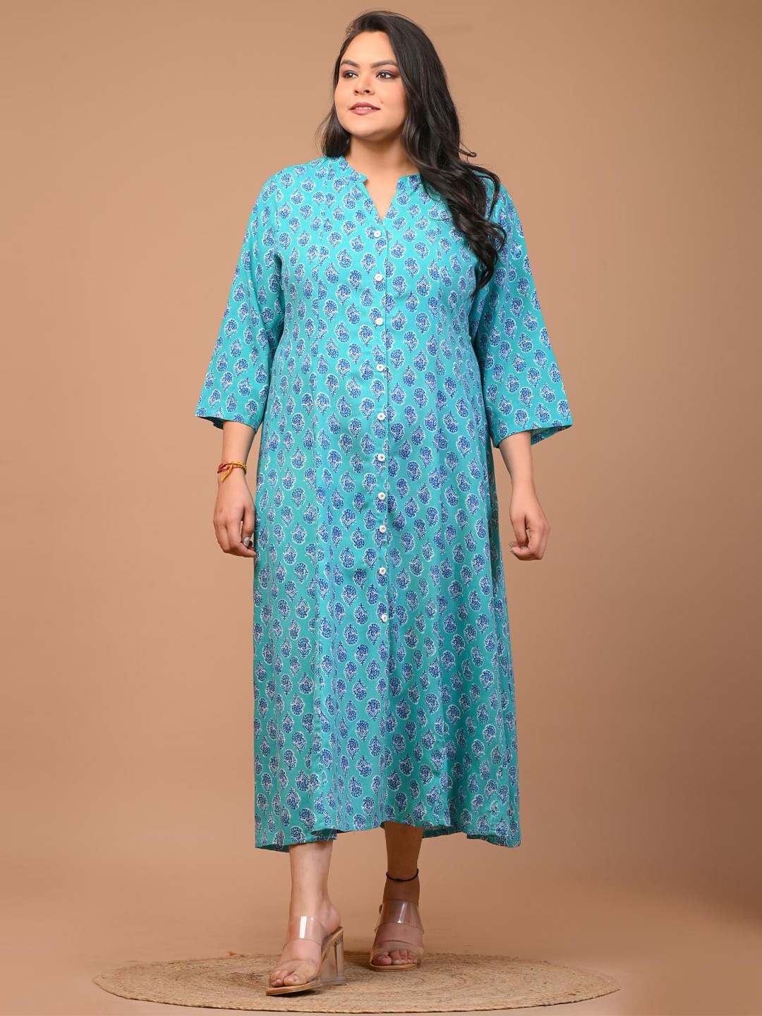 

Swasti Plus Size Ethnic Motifs Printed A-Line Midi Ethnic Dress, Blue