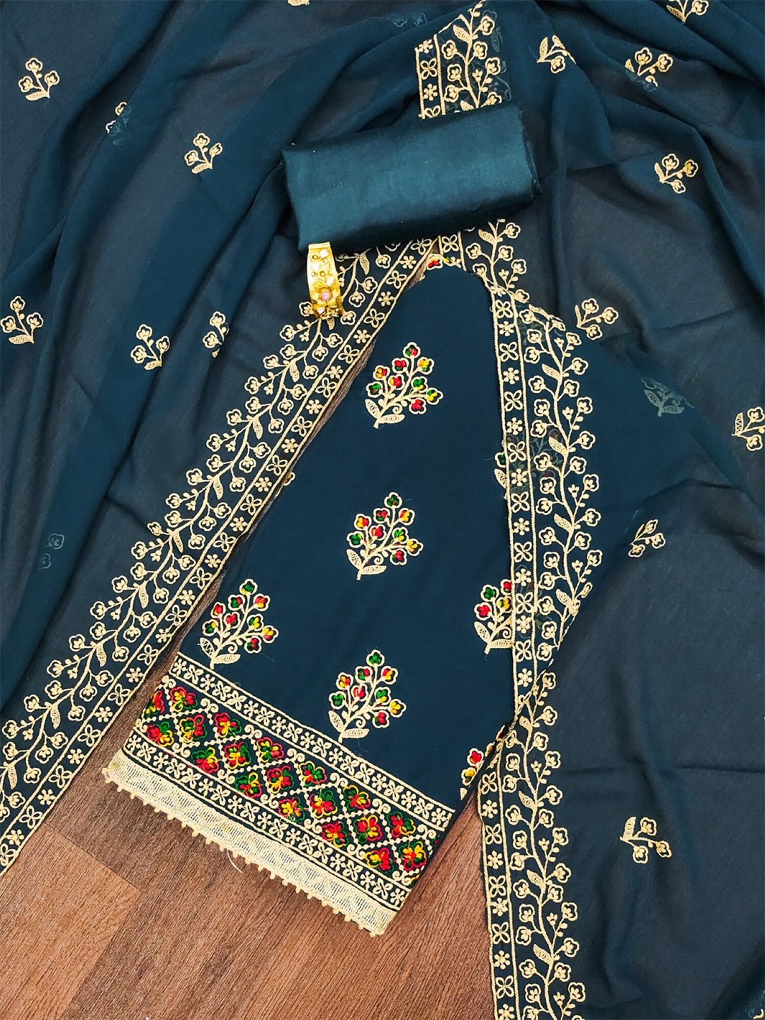 

LeeliPeeri Designer Floral Embroidered Unstitched Dress Material, Teal