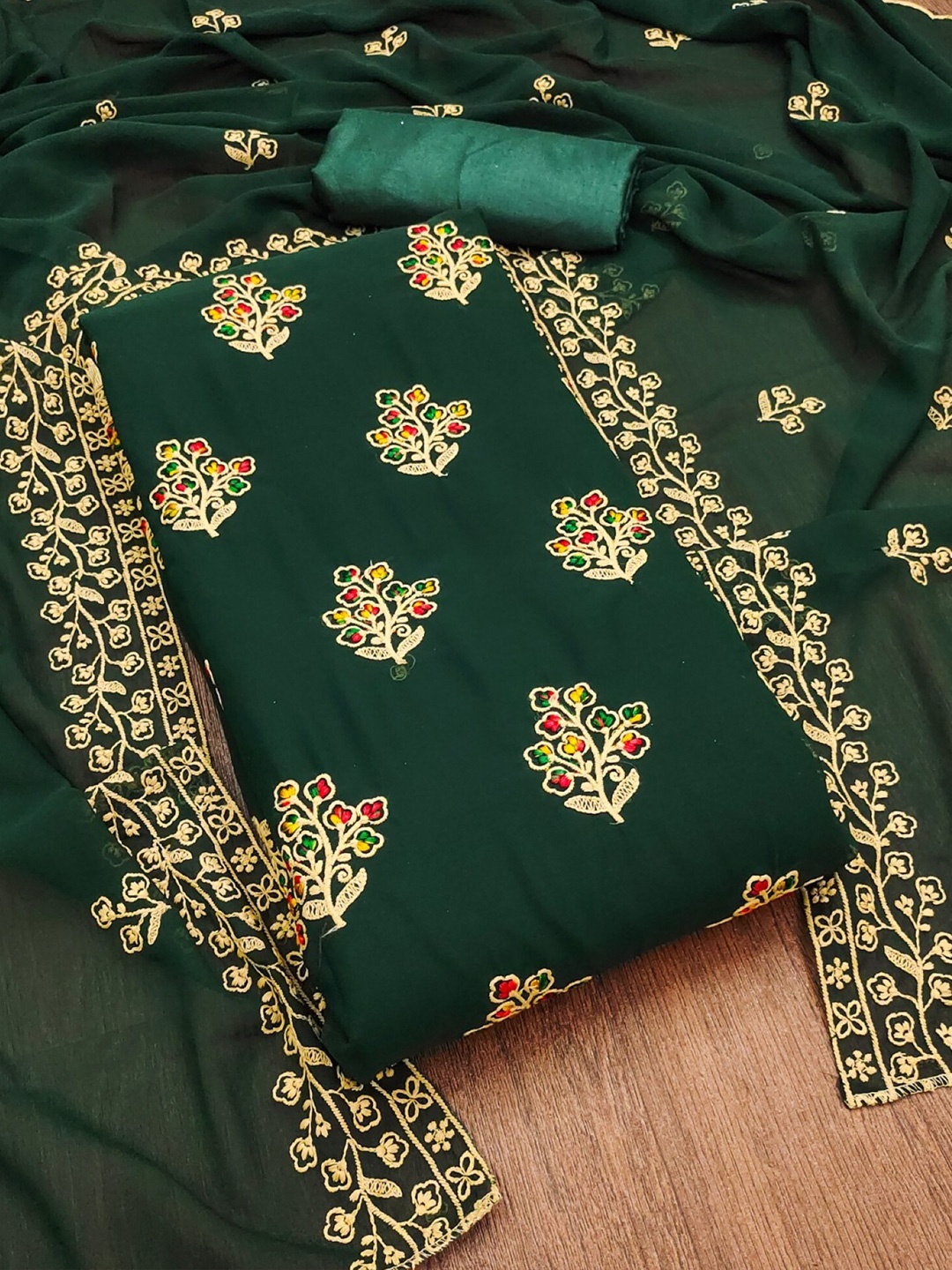 LeeliPeeri Designer Ethnic Motifs Embroidered Unstitched Dress Material, Green