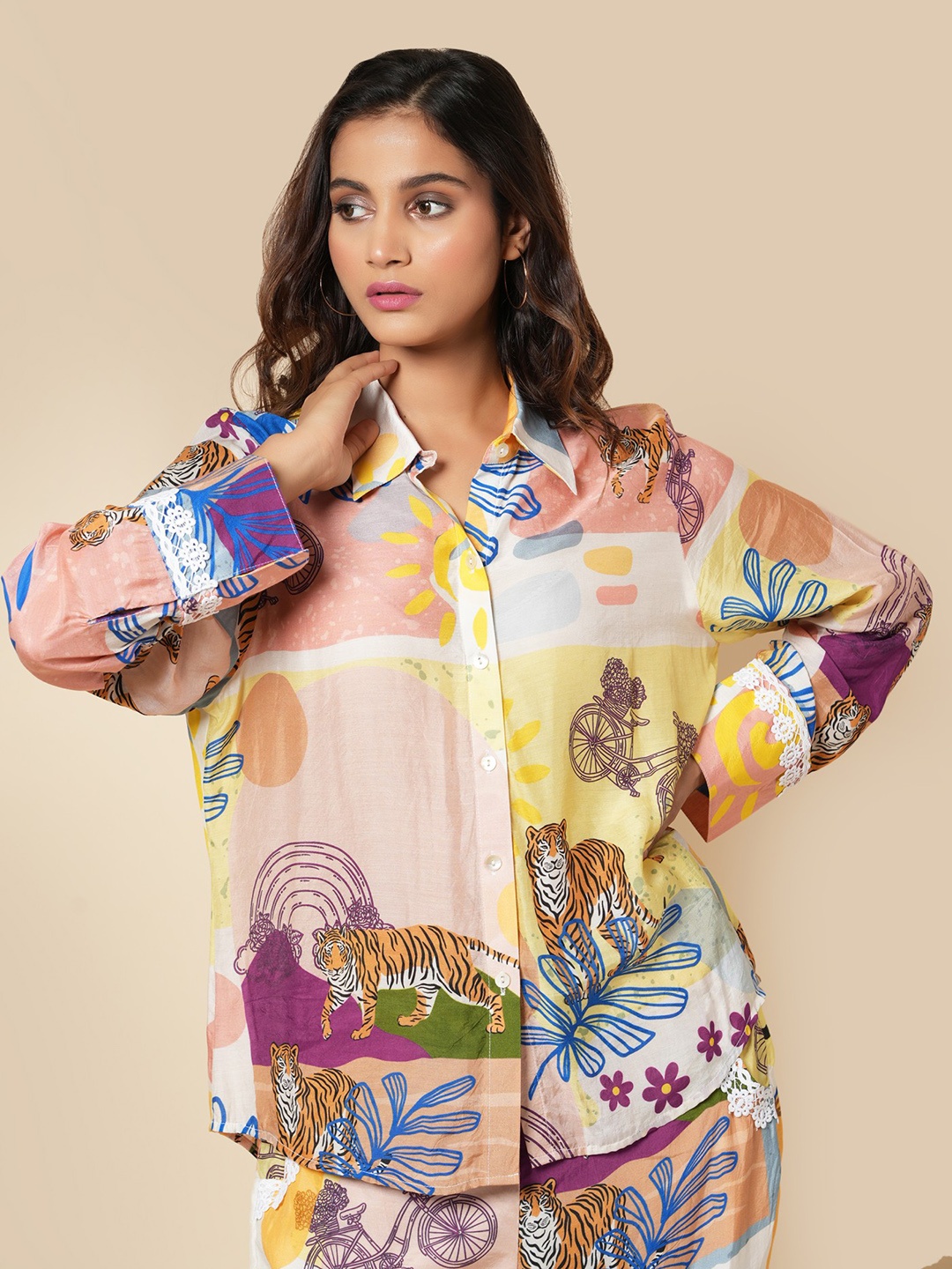 

YELLOW PARROT Printed Shirt Collar Shirt With Trouser, Pink