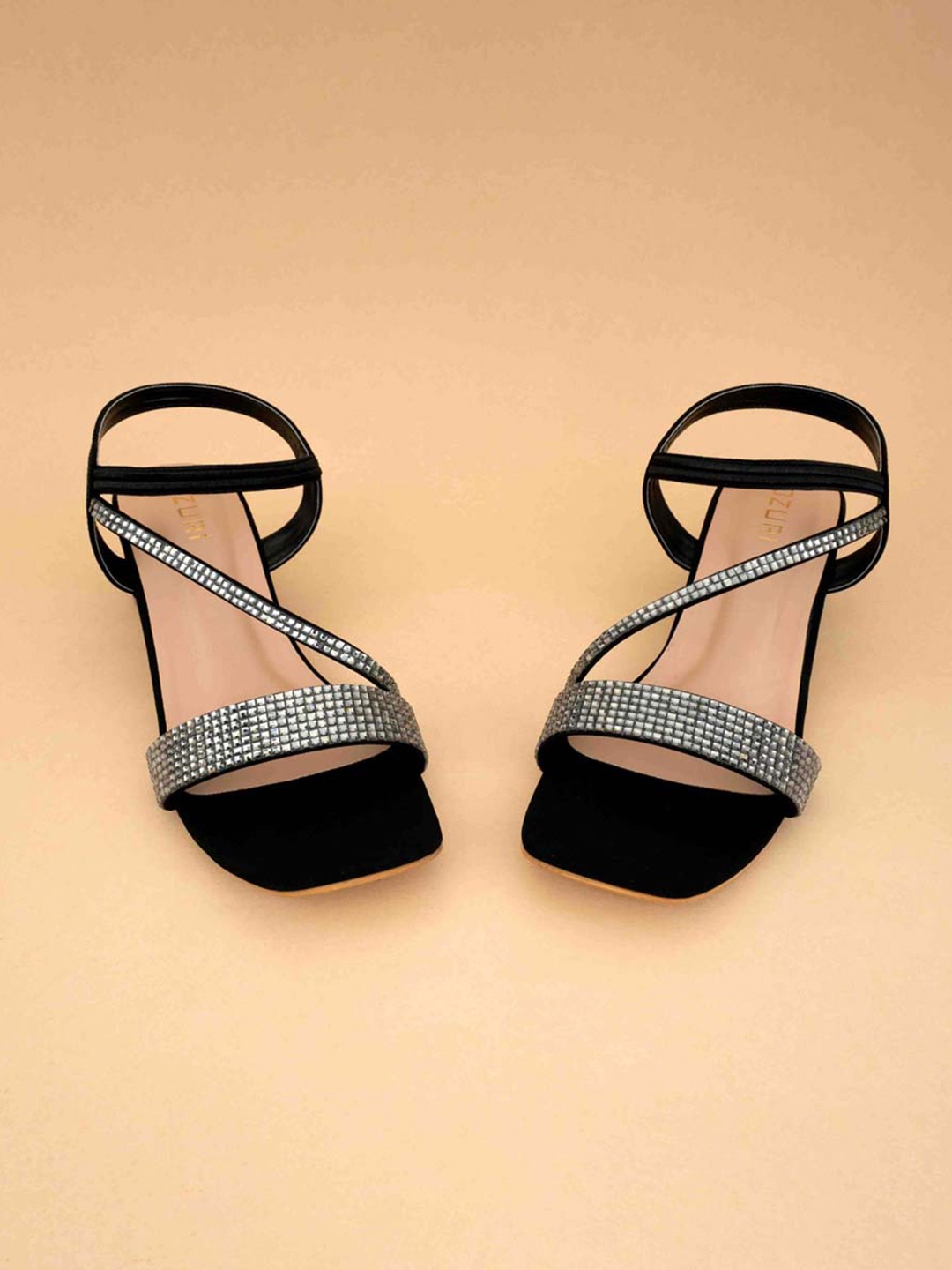 

Ozuri Embellished Open Toe Block Heel Sandals, Black