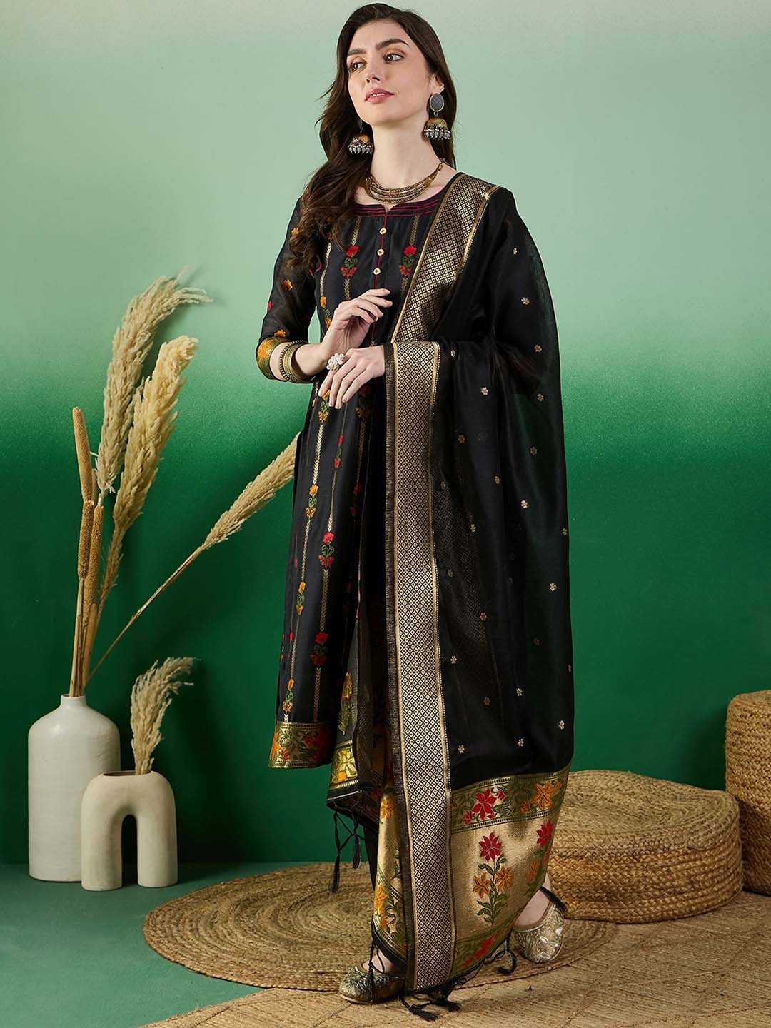 

SERONA FABRICS Floral Woven Design Regular Chanderi Cotton Kurta with Trousers & Dupatta, Black