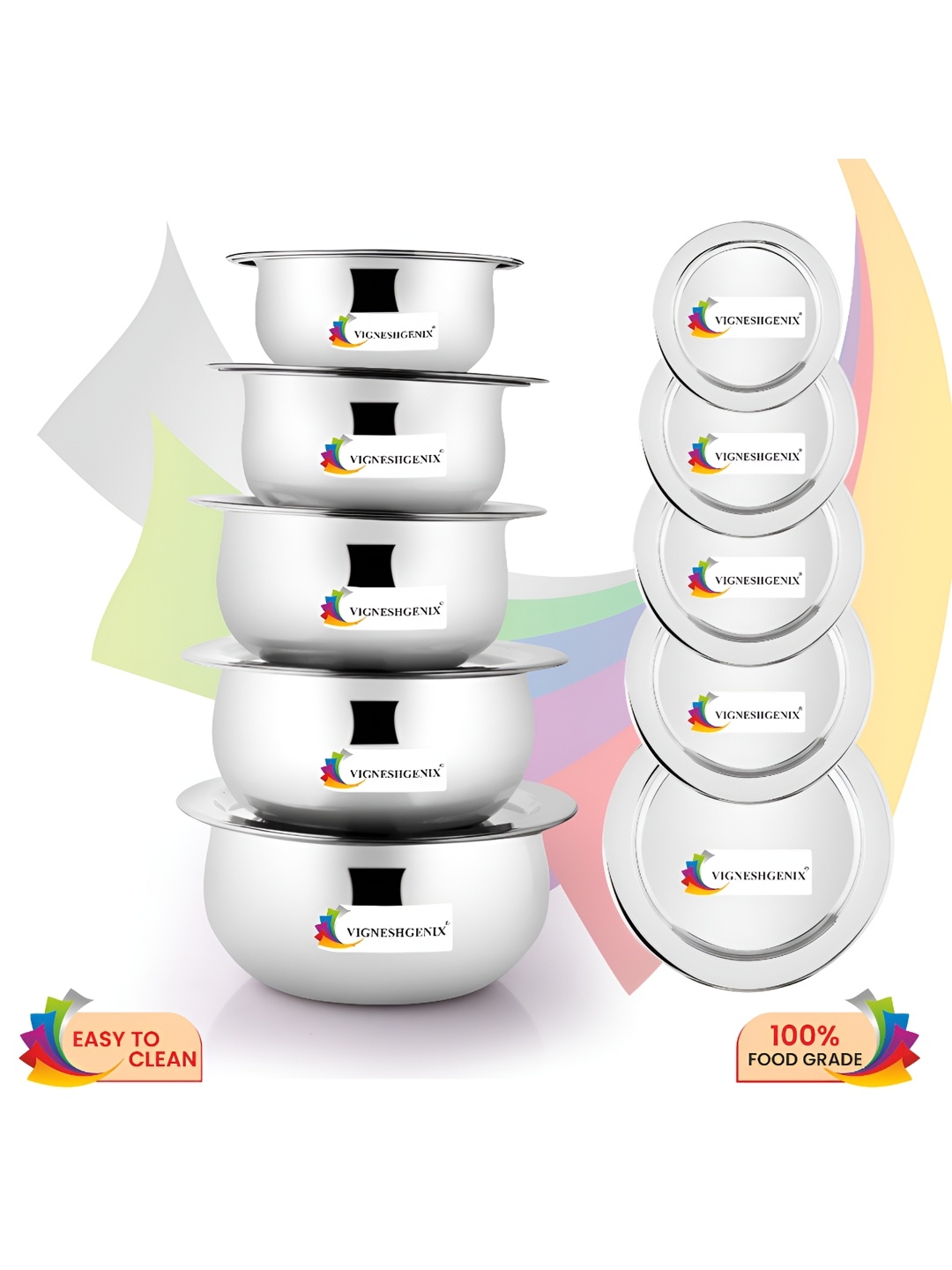 

VIGNESHGENIX Silver-Toned 5 Pcs Stainless Steel Dishwasher Safe Handi Set With Lid