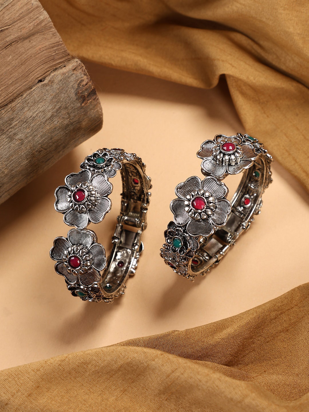 

ANIKAS CREATION Set Of 2 Silver-Plated Oxidised Stone Studded Bangles