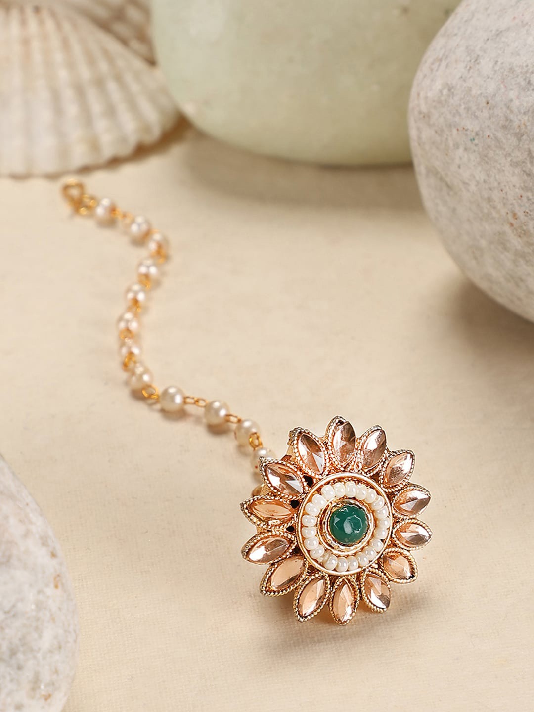 

ANIKAS CREATION Gold-Plated Artificial Stones and Beads Studded Maang Tikka Head Jewellery