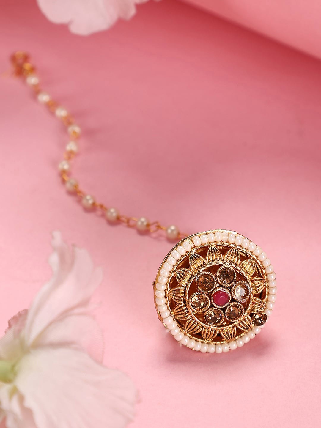

ANIKAS CREATION Gold-Plated Artificial Stones and Beads Studded Maang Tikka Head Jewellery