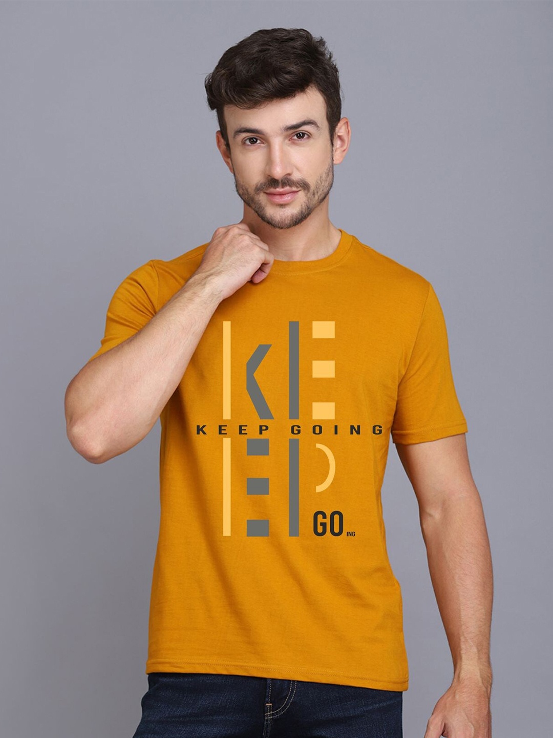 SLOWLORIS Typography Printed Bio-Wash T-shirt, Mustard