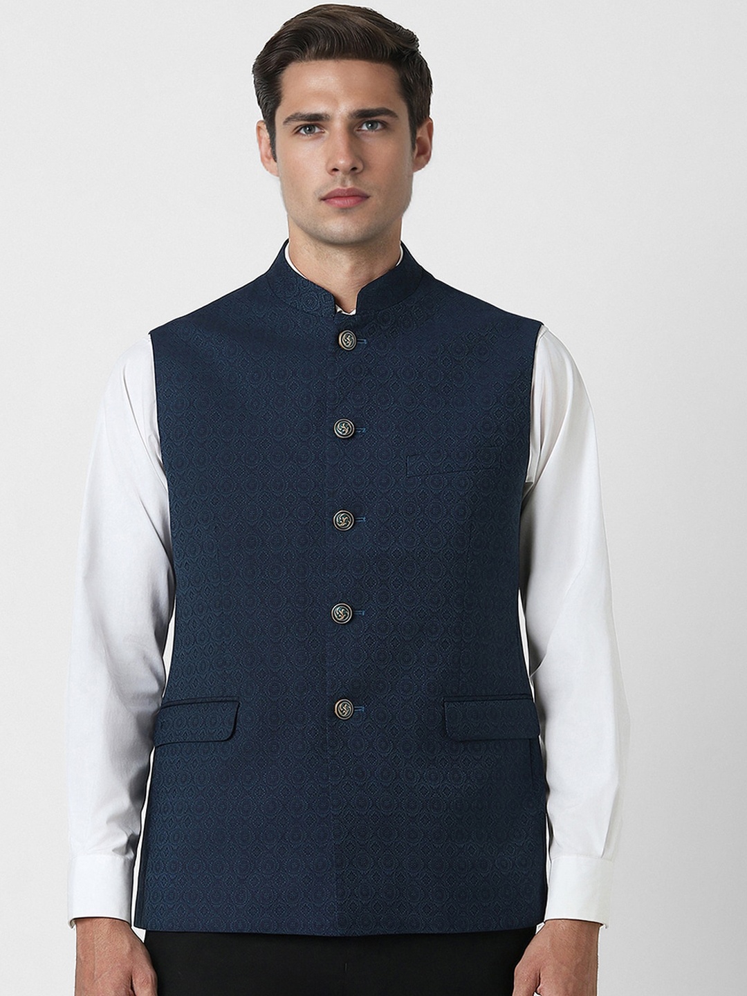 

Van Heusen Printed Slim Fit Nehru Jacket, Navy blue