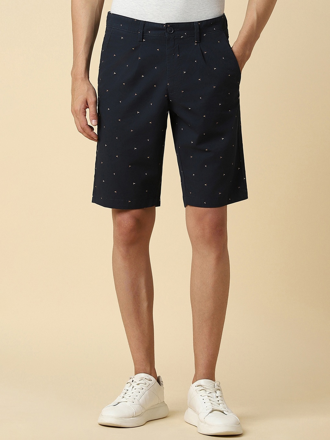 

Allen Solly Men Slim Fit Mid-Rise Geometric Printed Pure Cotton Shorts, Navy blue