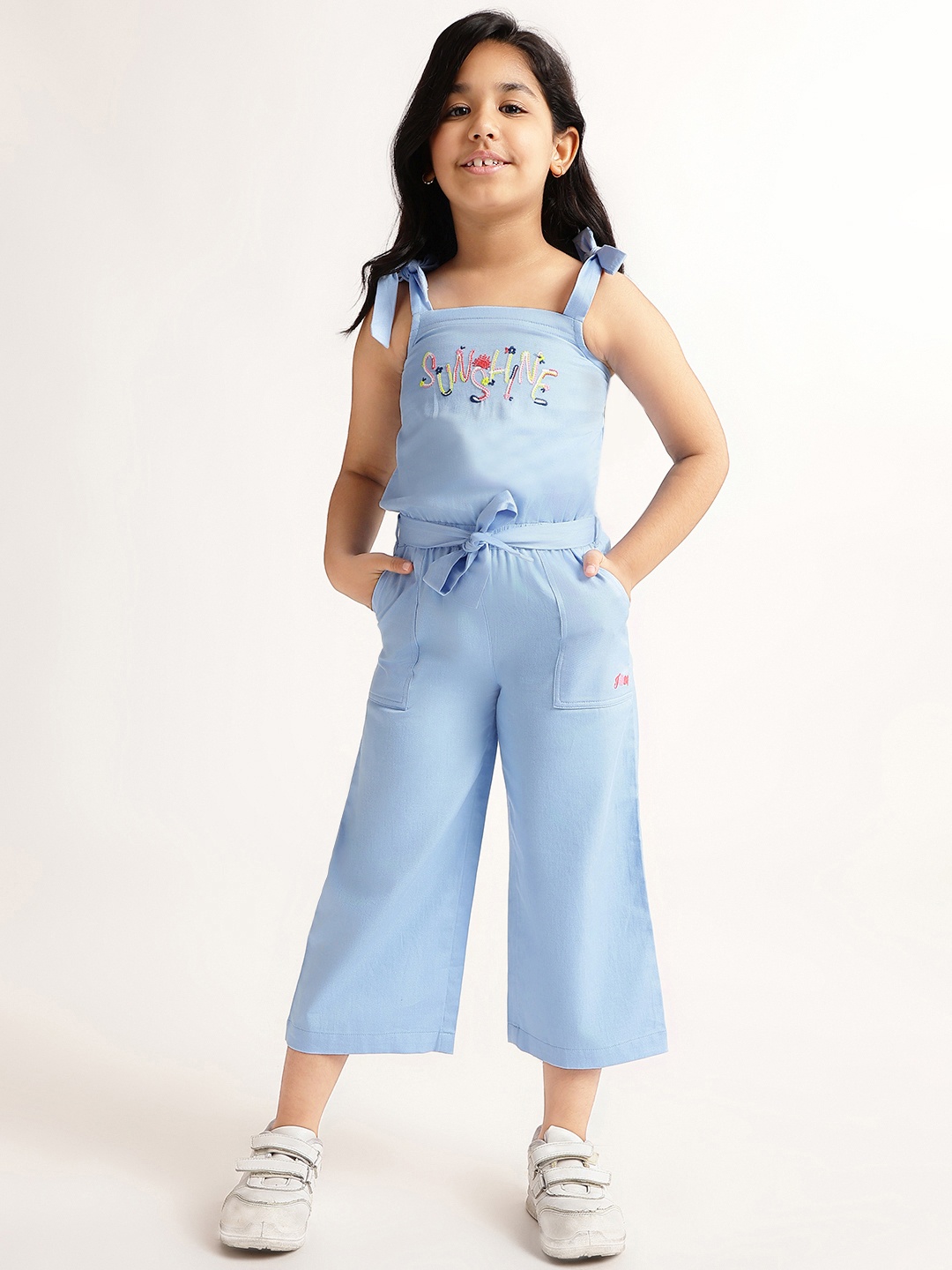 

Blue Giraffe Girls Embroidered Pure Cotton Jumpsuit With Belt