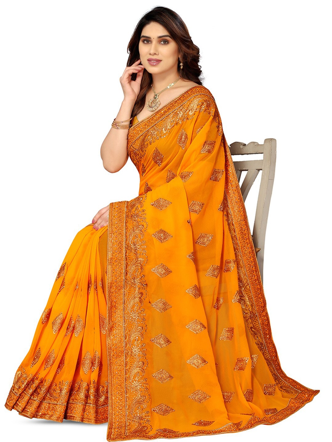 

DIVASTRI Embellished Beads & Stones Pure Georgette Heavy Work Saree, Mustard