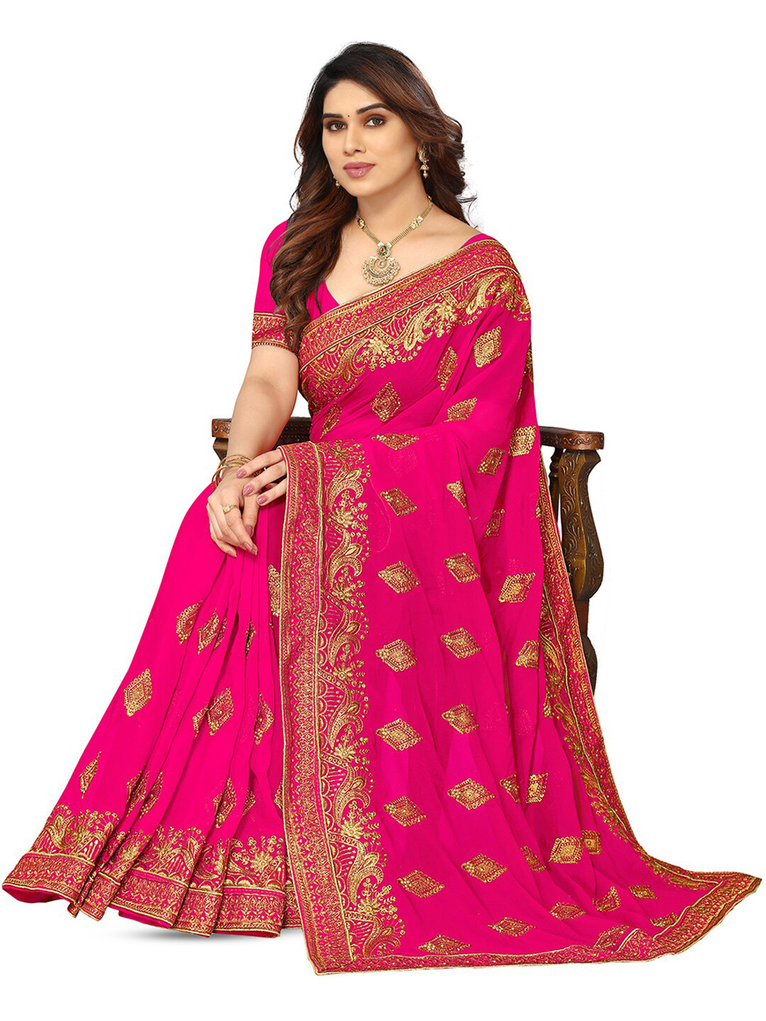 

DIVASTRI Floral Beads & Stones Pure Georgette Heavy Work Saree, Pink